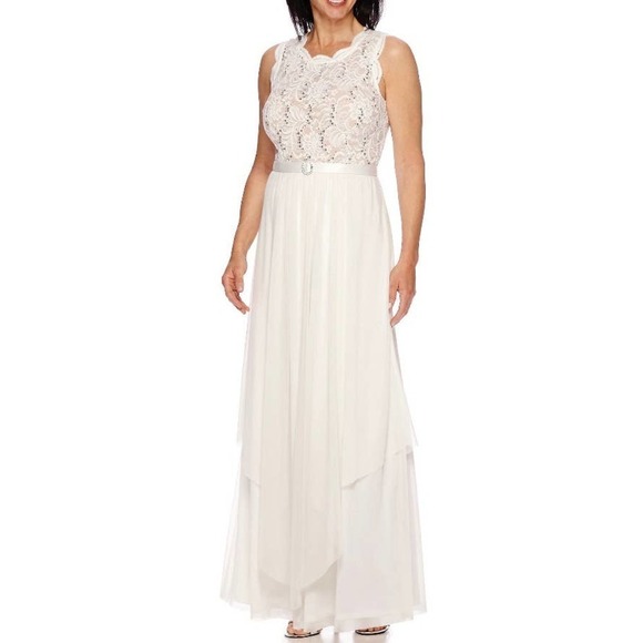 R&M Richards Sequin lace shifon gown white 10 - Picture 1 of 5